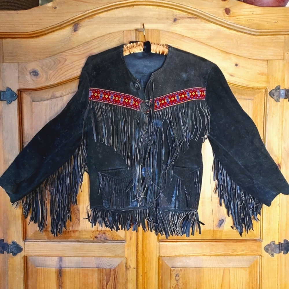 LEATHER FRINGE Black Jacket Handmade w/ Red Emboidered Ribbon
